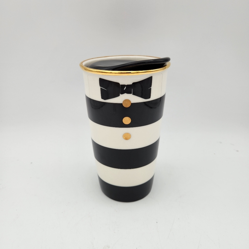 EUC Starbucks Alice + Olivia Tuxedo 12oz Ceramic Tumbler w/ Lid